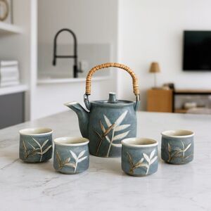 Handmade Studio Art Pottery Tea Set Bamboo Design Stoneware Teapot & 4 Cups Mugs